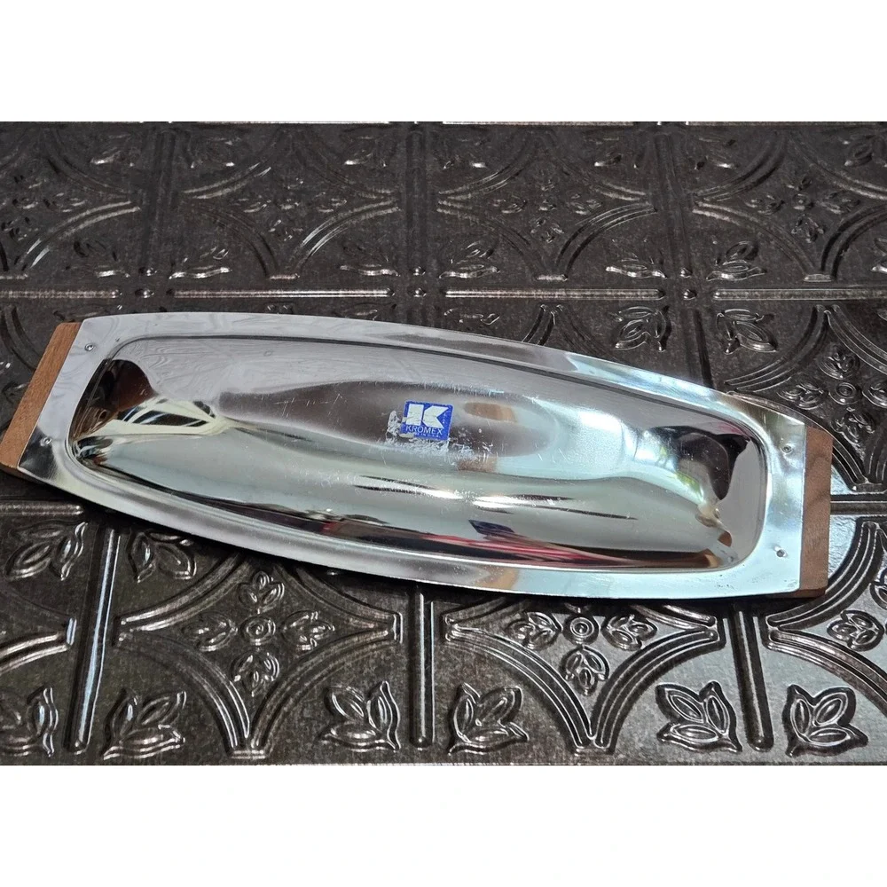 Vintage MCM Kromex® Oblong Tray - Stainless‎ Steel & Walnut 16.25 X 6.5